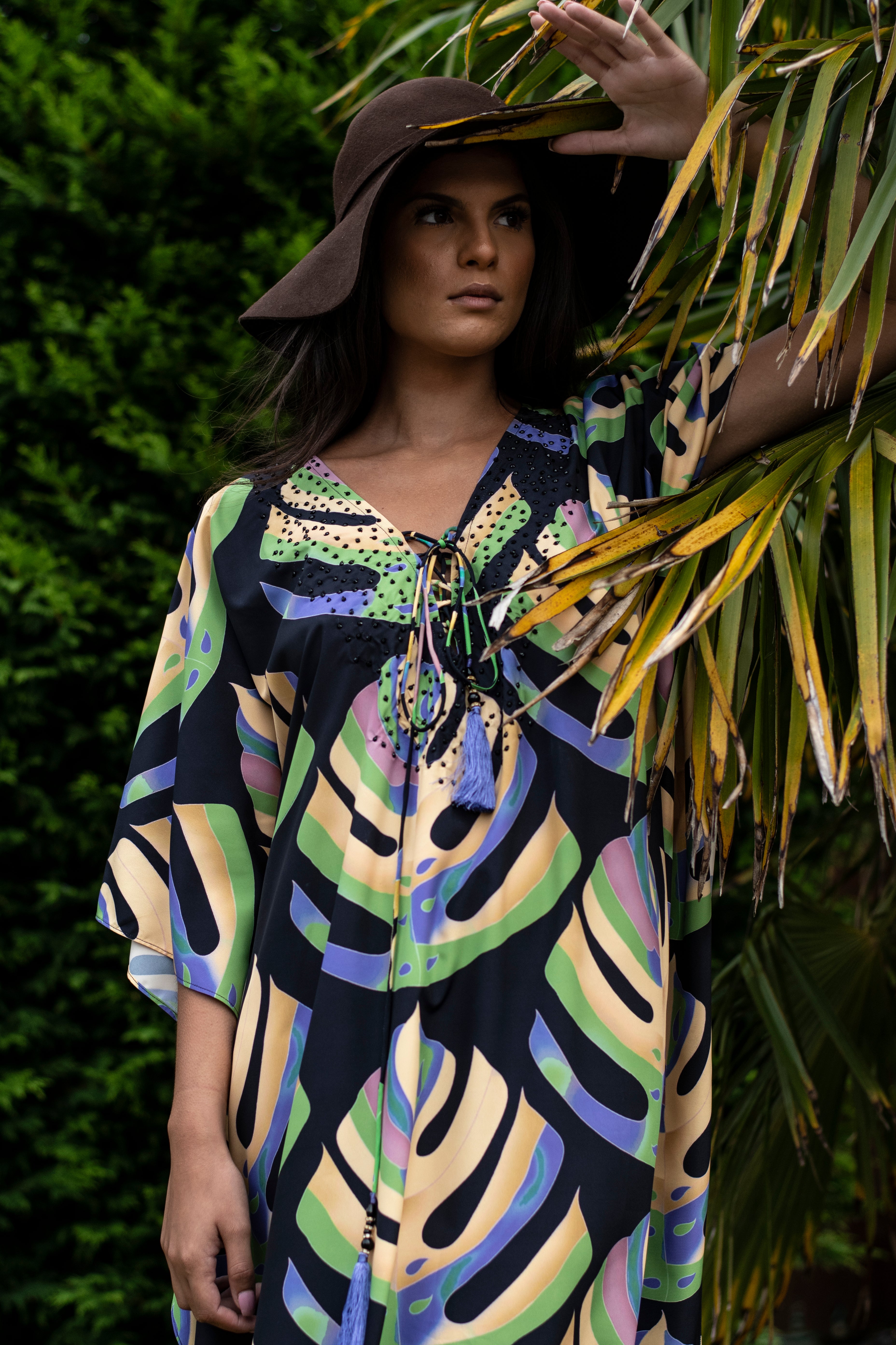 Camille Black Palm Maxi Kaftan SALE OUTLET