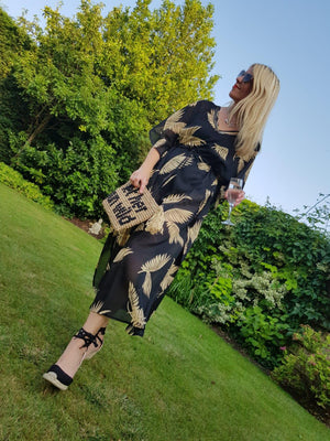 Sarmora Maxi Kaftan in Black and Gold Parlor Palm Print