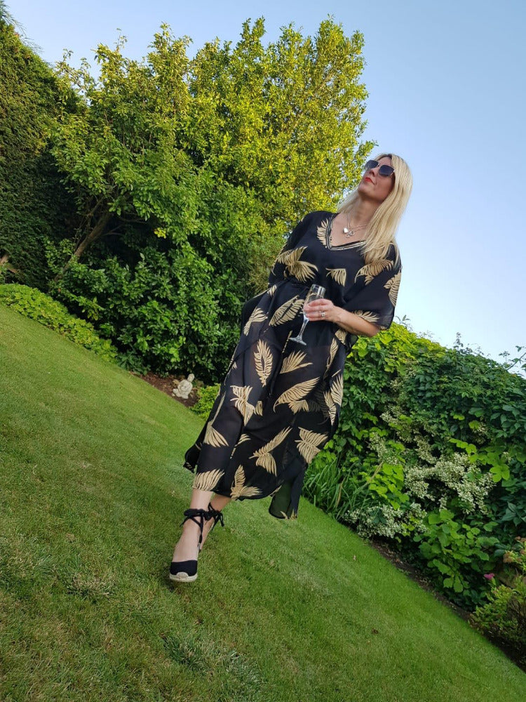 Sarmora Maxi Kaftan in Black and Gold Parlor Palm Print