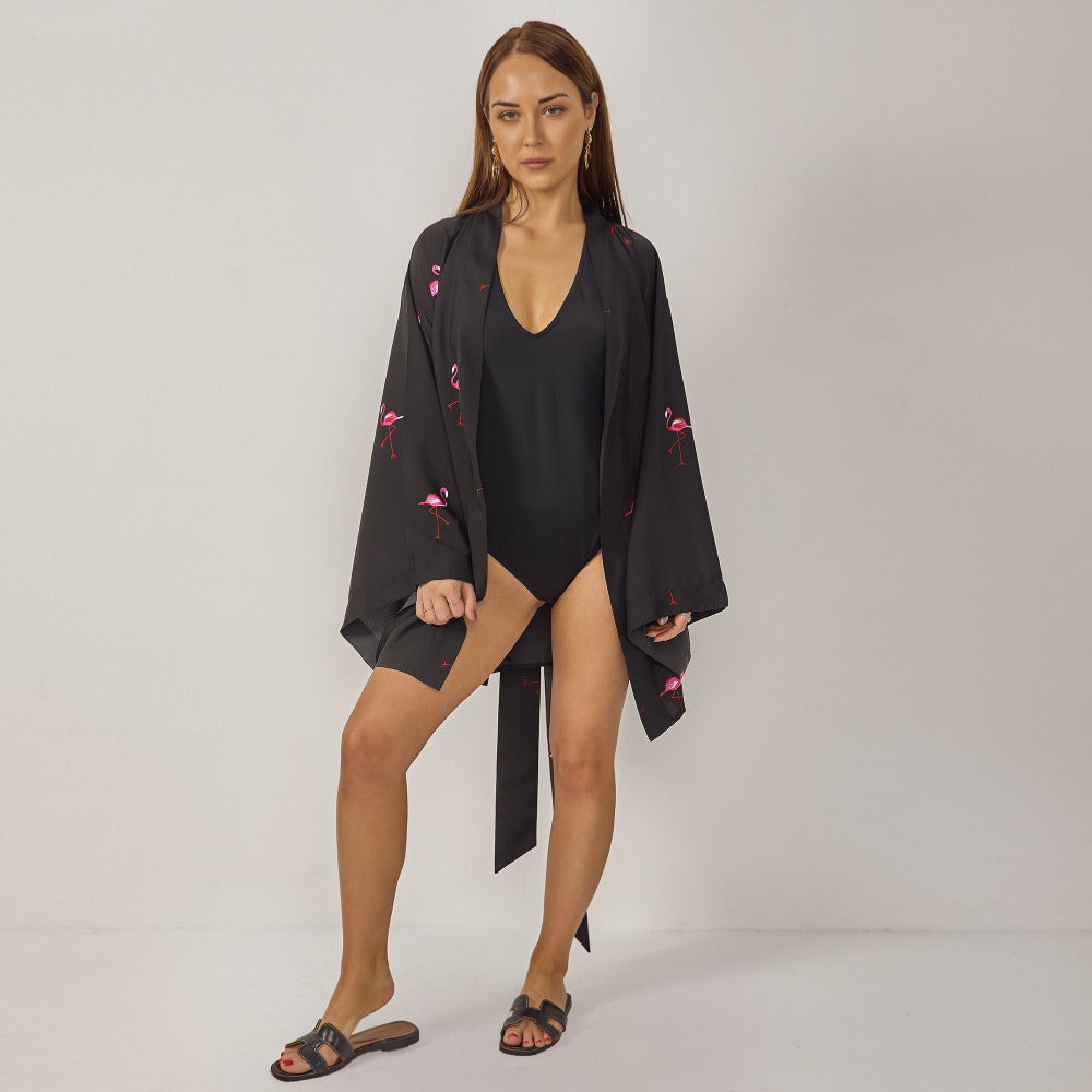 Rin Black Flamingo Kimono