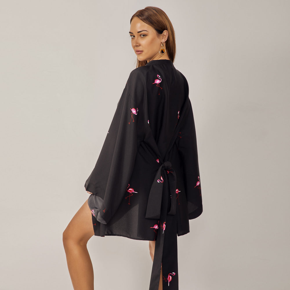 Rin Black Flamingo Kimono