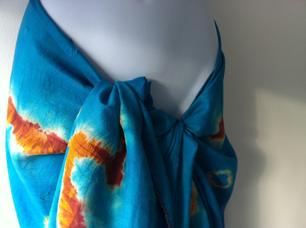 Turquoise, Orange & red 100% Silk Tie Dye