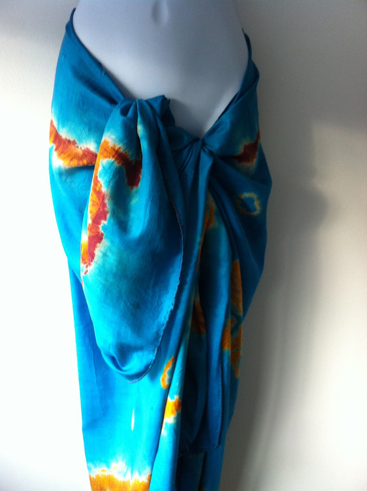 Turquoise, Orange & red 100% Silk Tie Dye