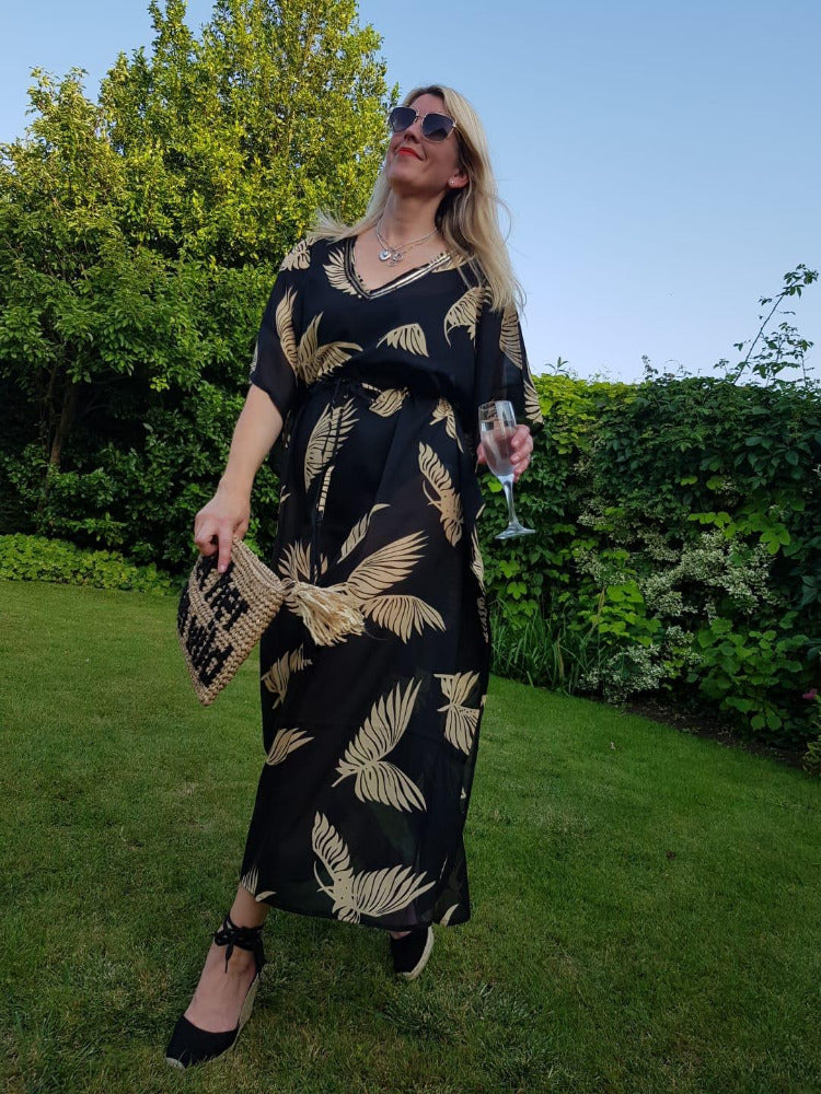 Sarmora Maxi Kaftan in Black and Gold Parlor Palm Print