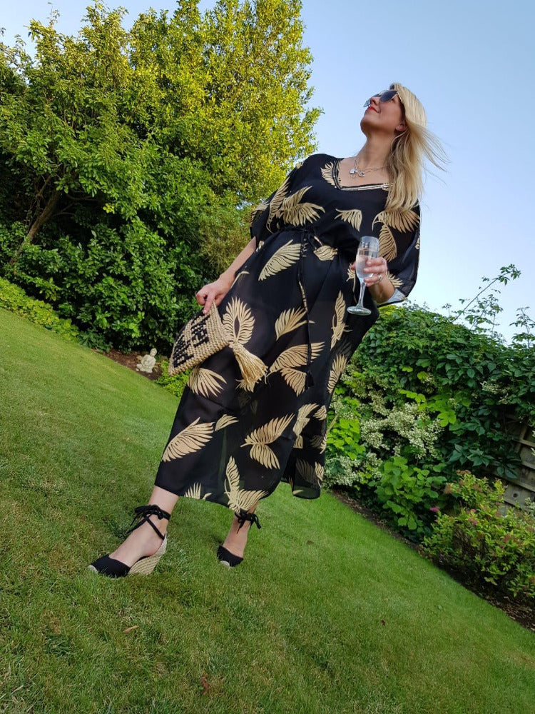 Sarmora Maxi Kaftan in Black and Gold Parlor Palm Print