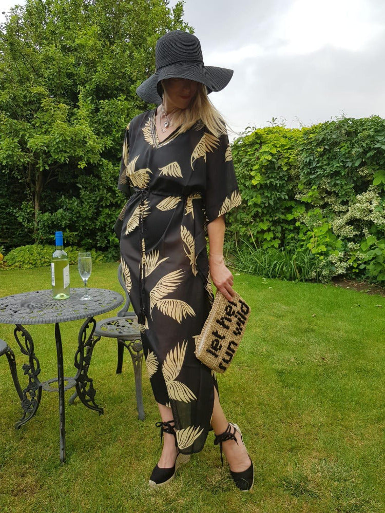 Sarmora Maxi Kaftan in Black and Gold Parlor Palm Print