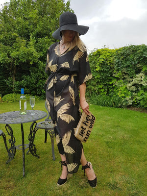 Sarmora Maxi Kaftan in Black and Gold Parlor Palm Print