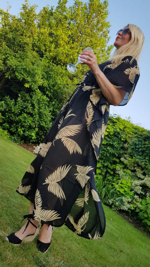 Sarmora Maxi Kaftan in Black and Gold Parlor Palm Print