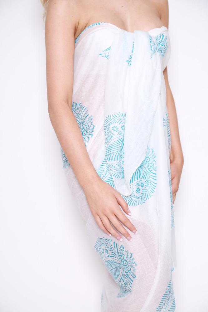 White with Blue Leaf Sarong