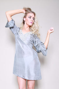 Raffles Silk Beaded Silver Grey Kaftan Shirt Dress