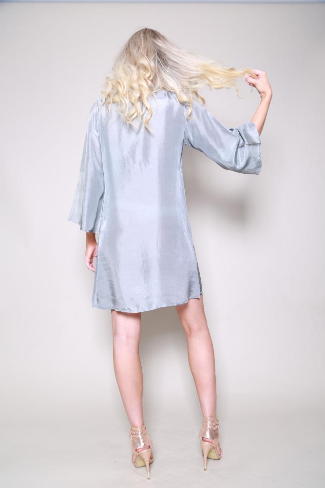 Raffles Silk Beaded Silver Grey Kaftan Shirt Dress