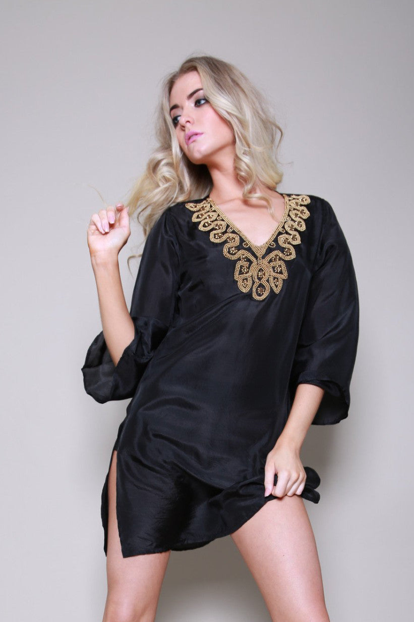 Jaipur Silk Beaded  Black Kaftan Shirt Dress