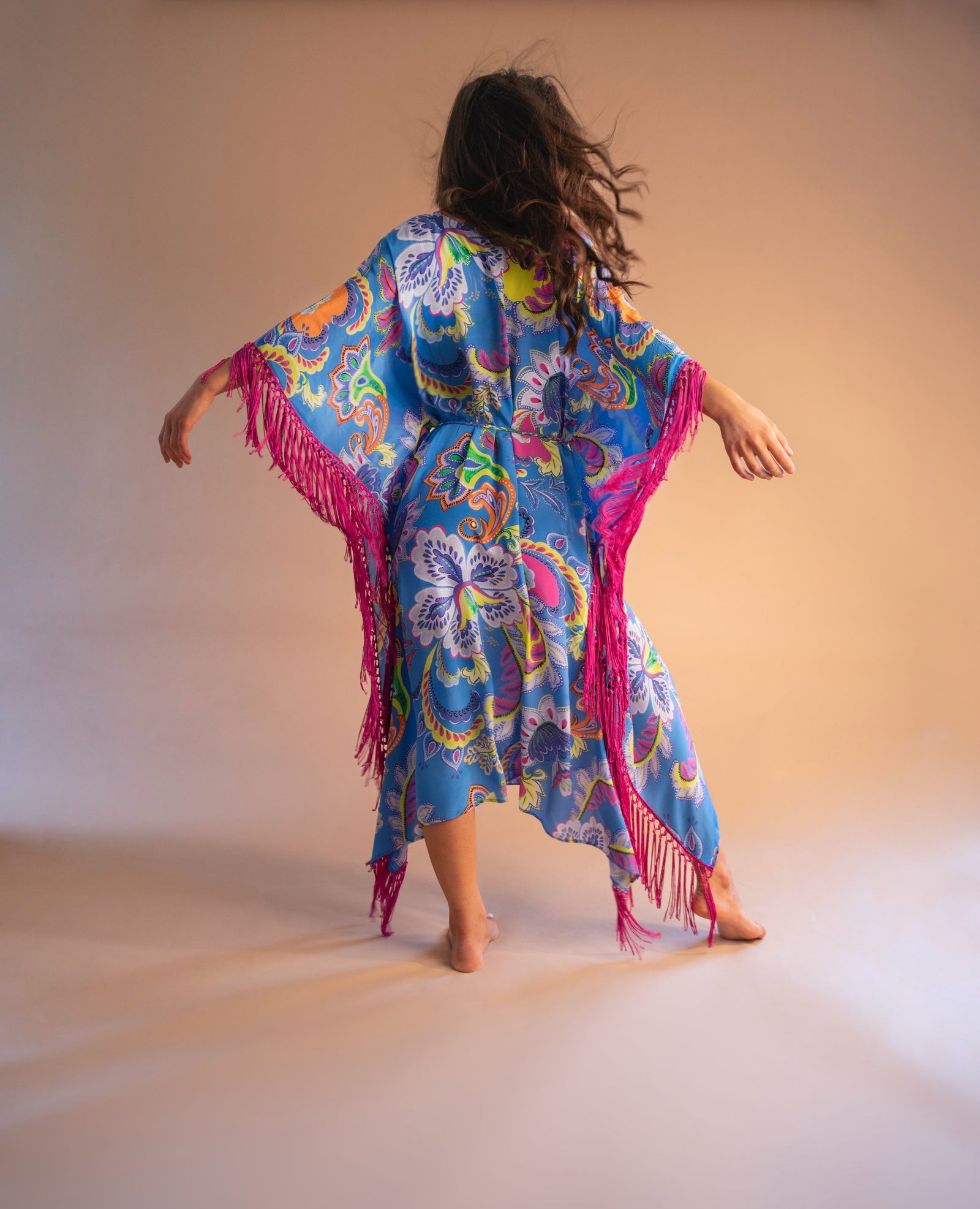 Jamila Fringed Midaxi Kaftan in Paisley Florals