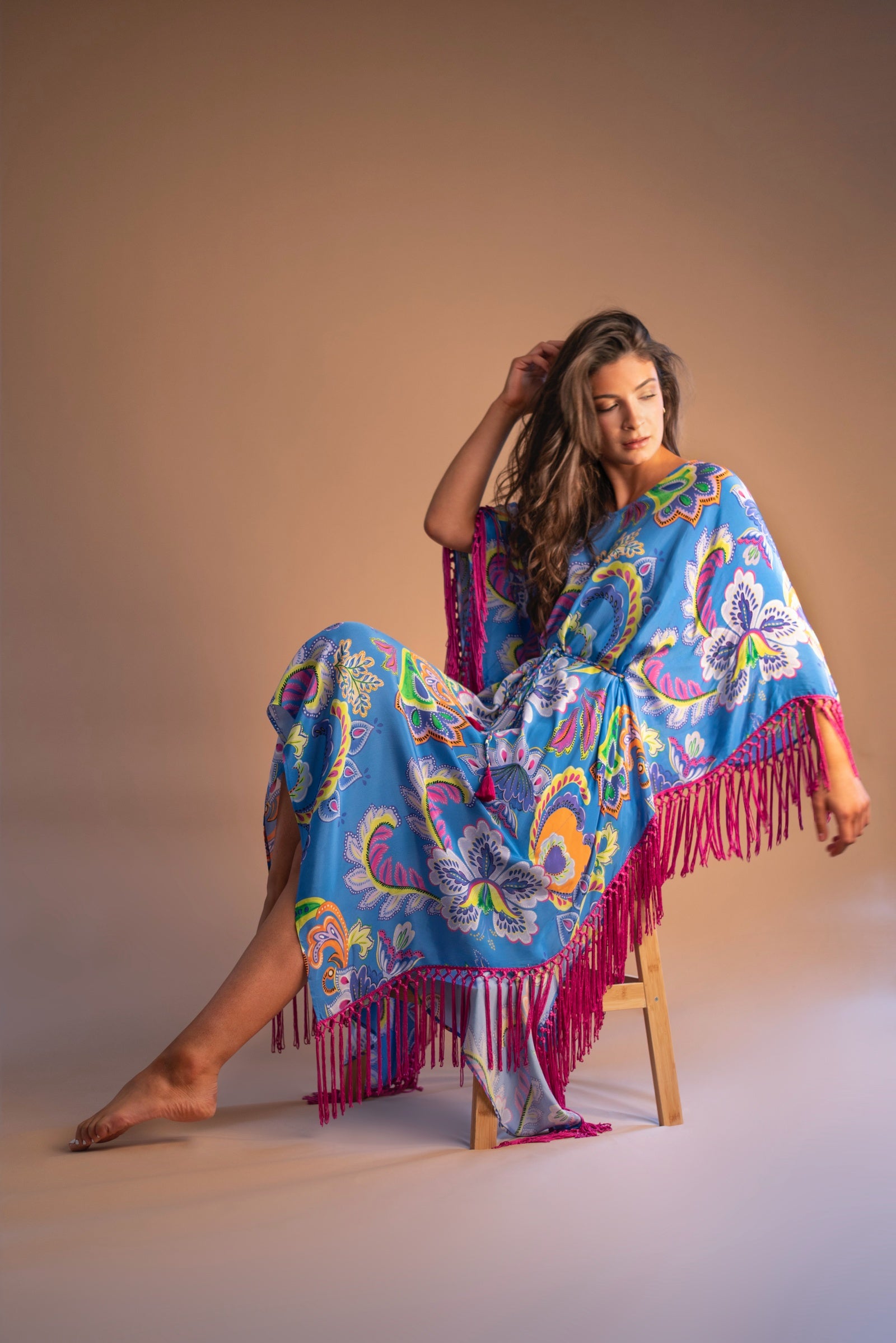 Jamila Fringed Midaxi Kaftan in Paisley Florals