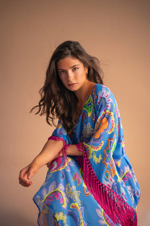 Jamila Fringed Midaxi Kaftan in Paisley Florals