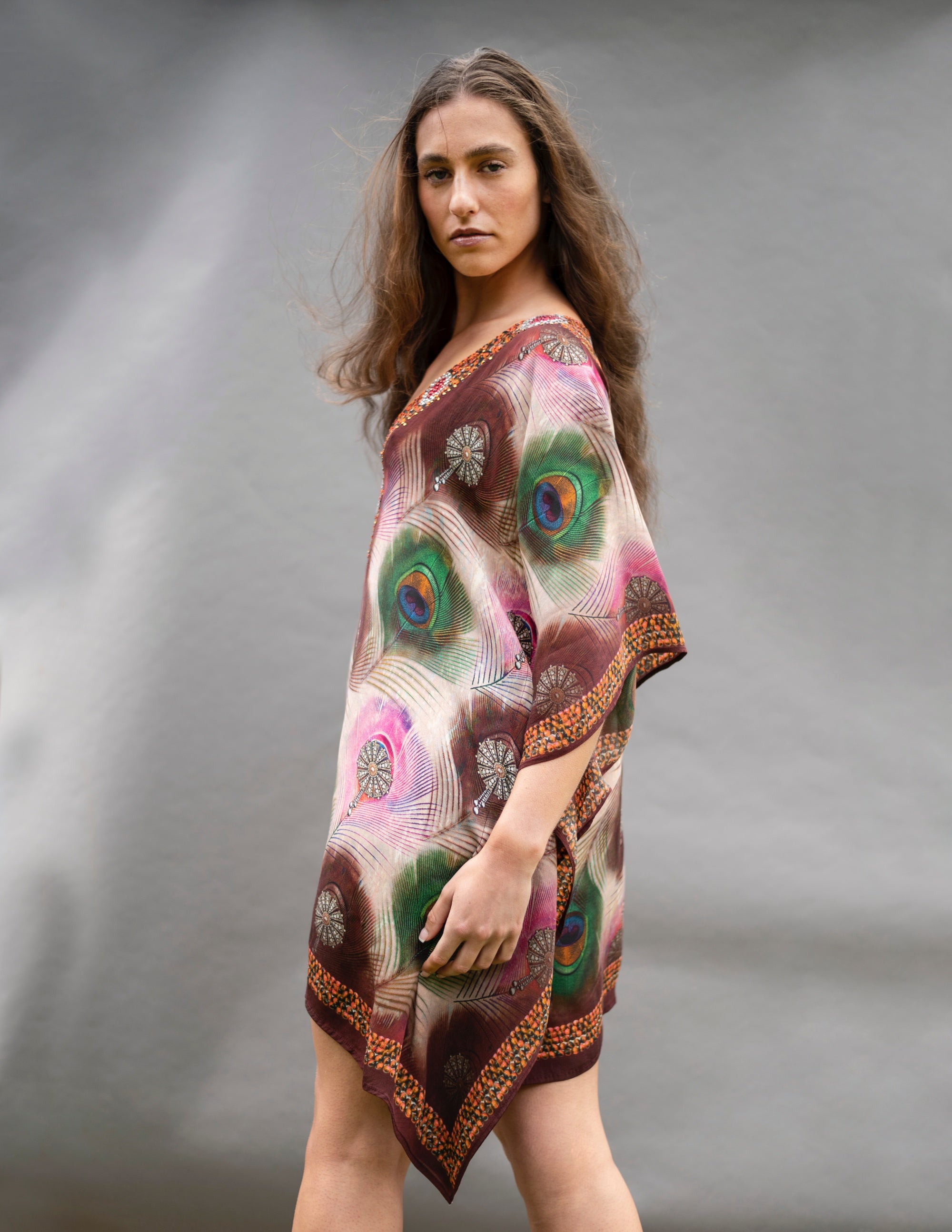 India Peacock Print Kaftan