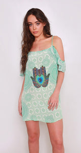 Hamsa and Om Cold Shoulder Mini Beach Dress