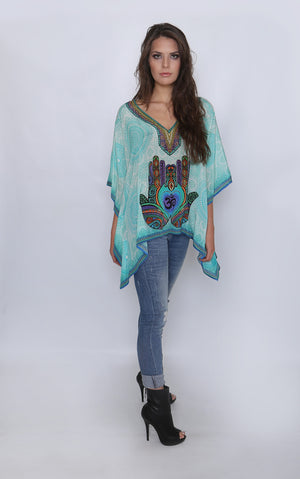 Hamsa and Om Swarovski Silk Kaftan Top