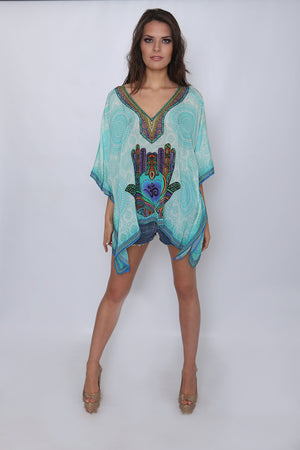 Hamsa and Om Swarovski Silk Kaftan Top