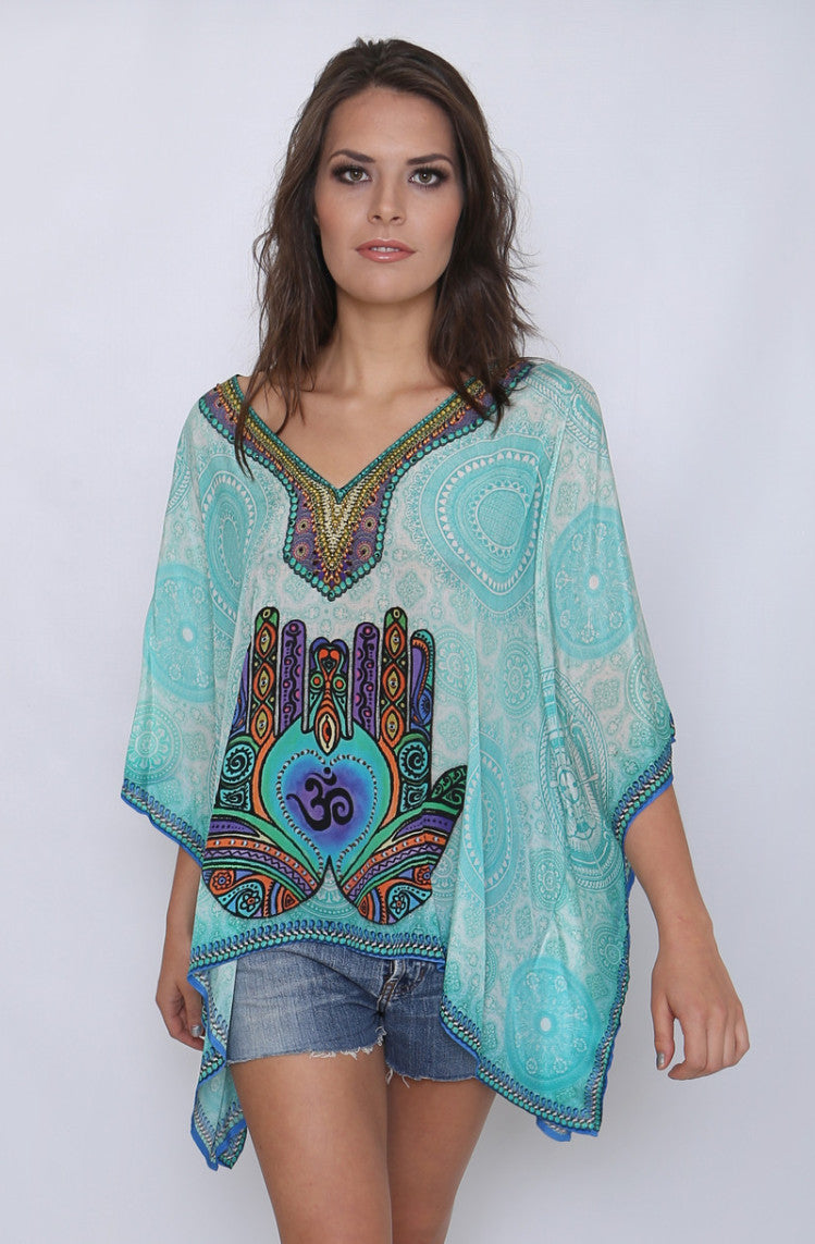 Hamsa and Om Swarovski Silk Kaftan Top