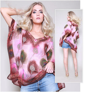 India Peacock Feather Printed Kaftan Top