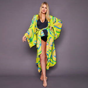 Kitten Beachwear Niko Japanese Maxi Kimono in Yellow Palm Print