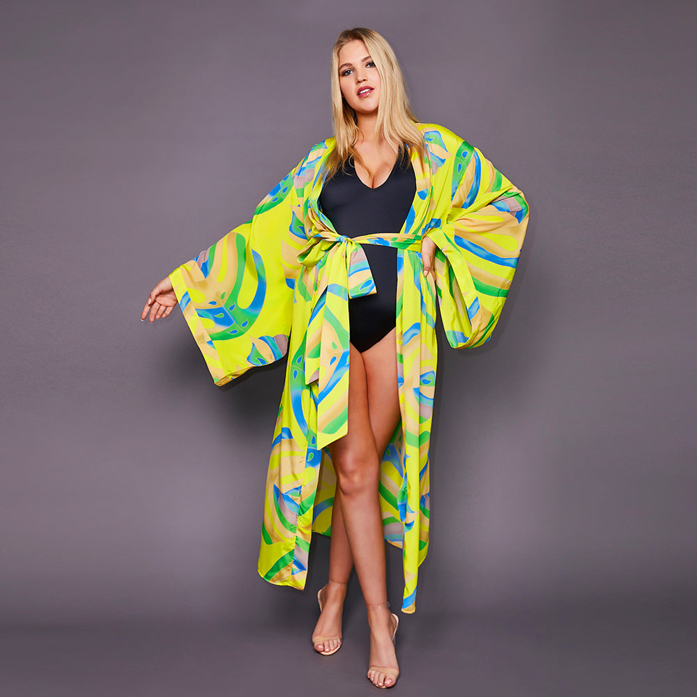 Kitten Beachwear Niko Japanese Maxi Kimono in Yellow Palm Print