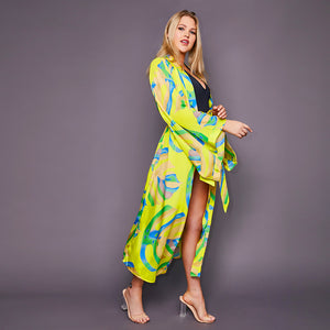 Kitten Beachwear Niko Japanese Maxi Kimono in Yellow Palm Print