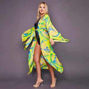 Kitten Beachwear Niko Japanese Maxi Kimono in Yellow Palm Print