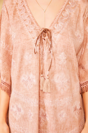 Balos V Neck Embroidered Kaftan in Hazelnut