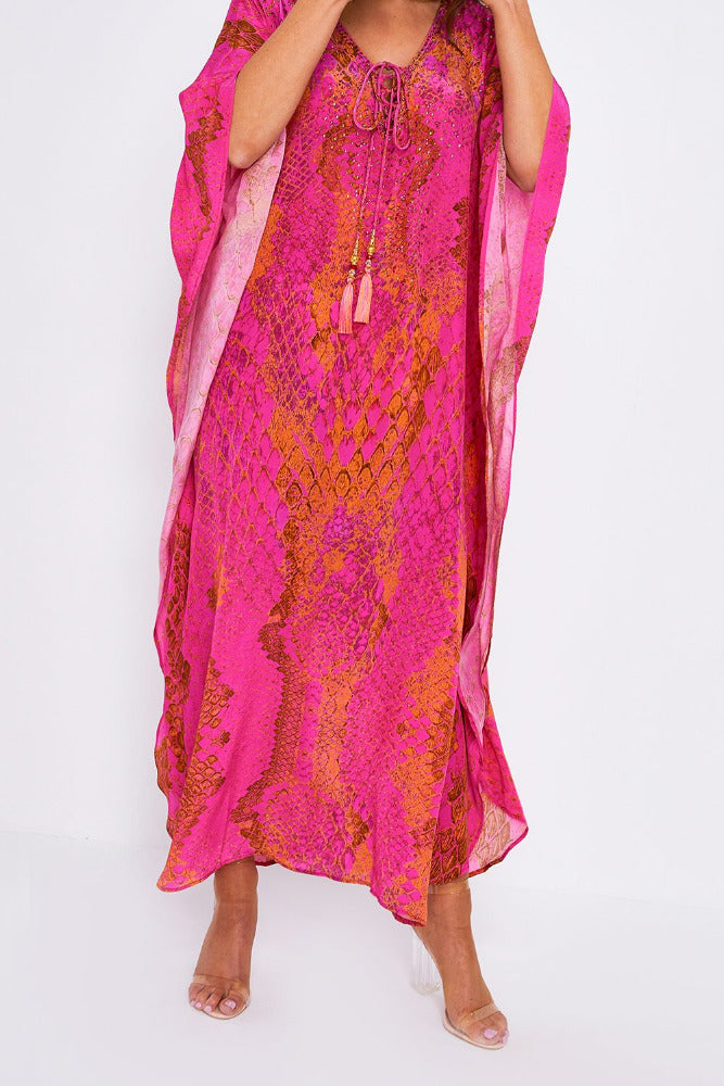 Kaa Maxi Tassel Kaftan in Hot Pink Python