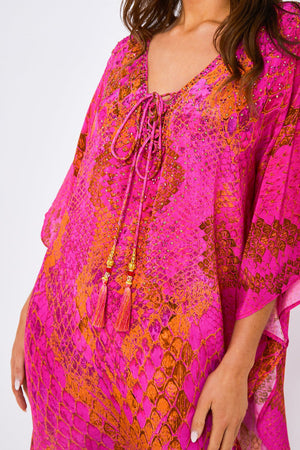 Kaa Maxi Tassel Kaftan in Hot Pink Python