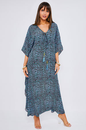 Arya Maxi Tassel Kaftan in Blue Leopard