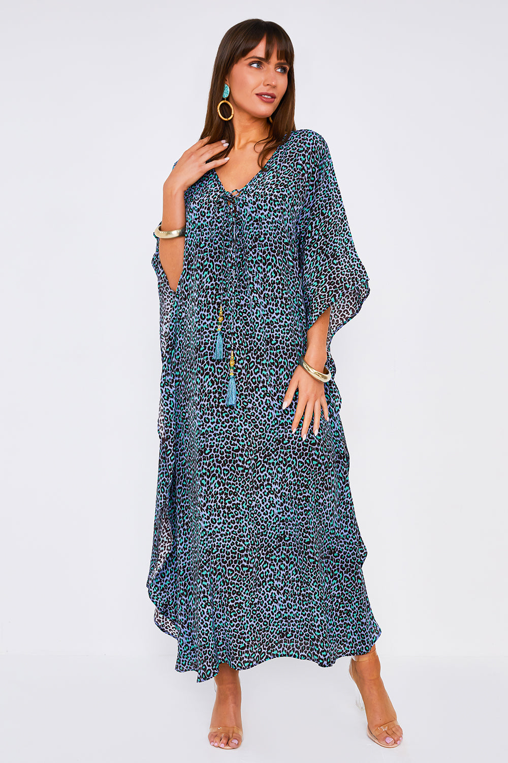 Arya Maxi Tassel Kaftan in Blue Leopard