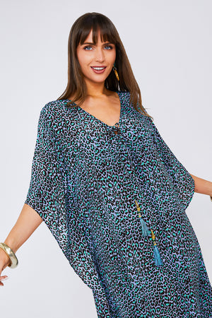 Kitten Beachwear Tassel Kaftan in Blue Leopard