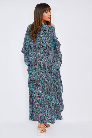 Arya Maxi Tassel Kaftan in Blue Leopard