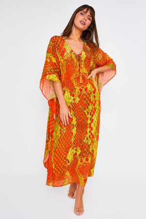 Kaa Tassel Maxi Kaftan in Orange Python