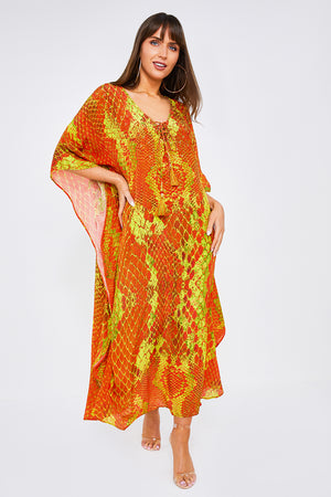 Kaa Tassel Maxi Kaftan in Orange Python