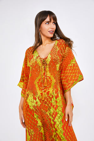 Kaa Tassel Maxi Kaftan in Orange Python