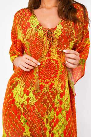 Kaa Tassel Maxi Kaftan in Orange Python