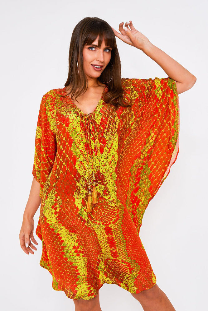 Kaa Tassel Kaftan in Orange Python