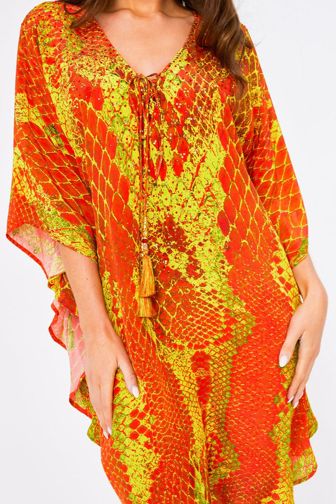 Kaa Tassel Kaftan in Orange Python