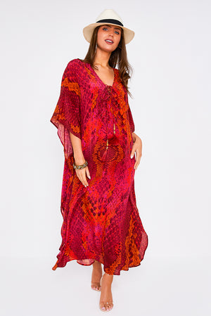 Kaa Maxi Tassel Kaftan in Raspberry Python