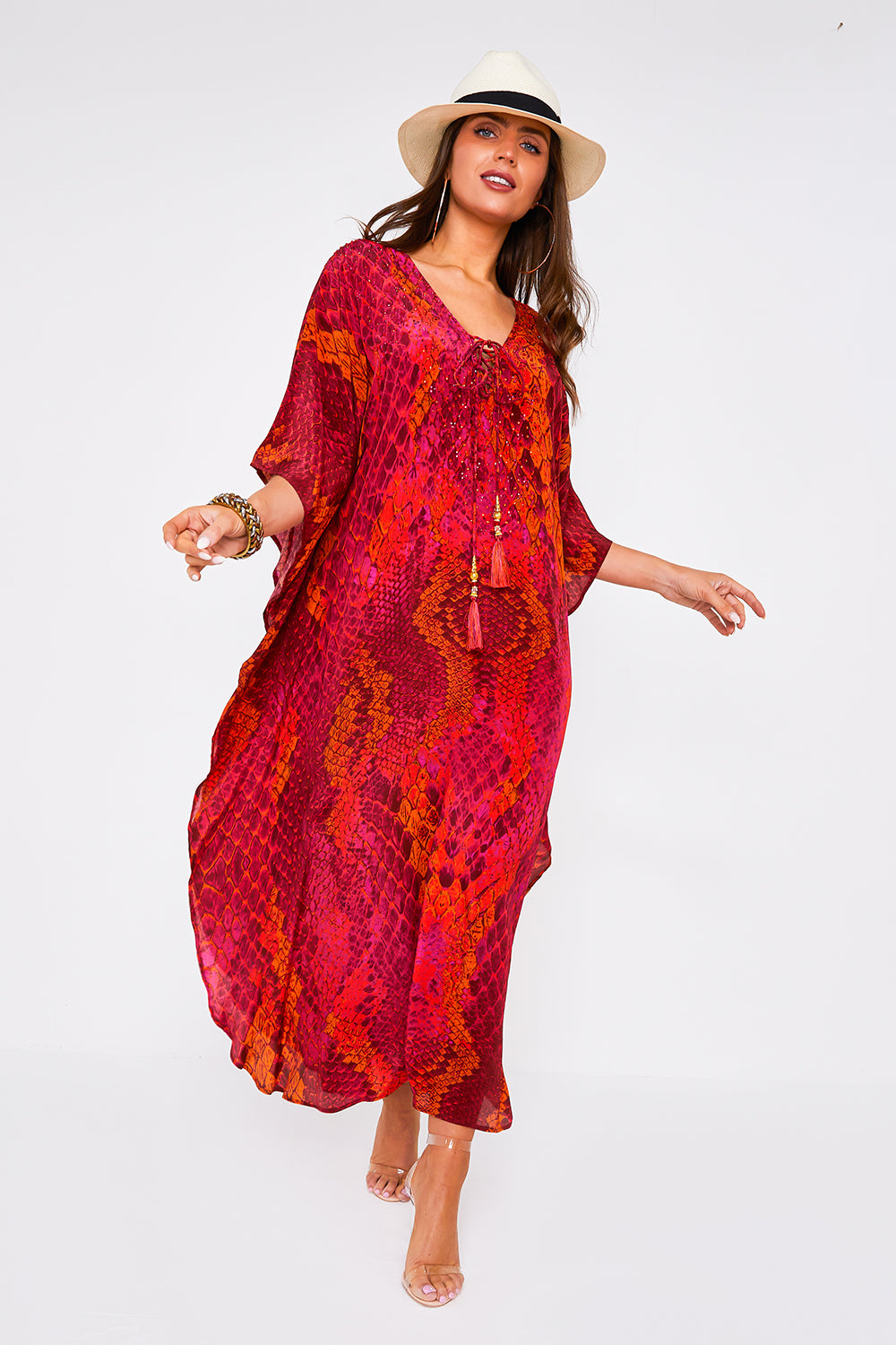 Maxi Tassel Kaftan in Raspberry Python