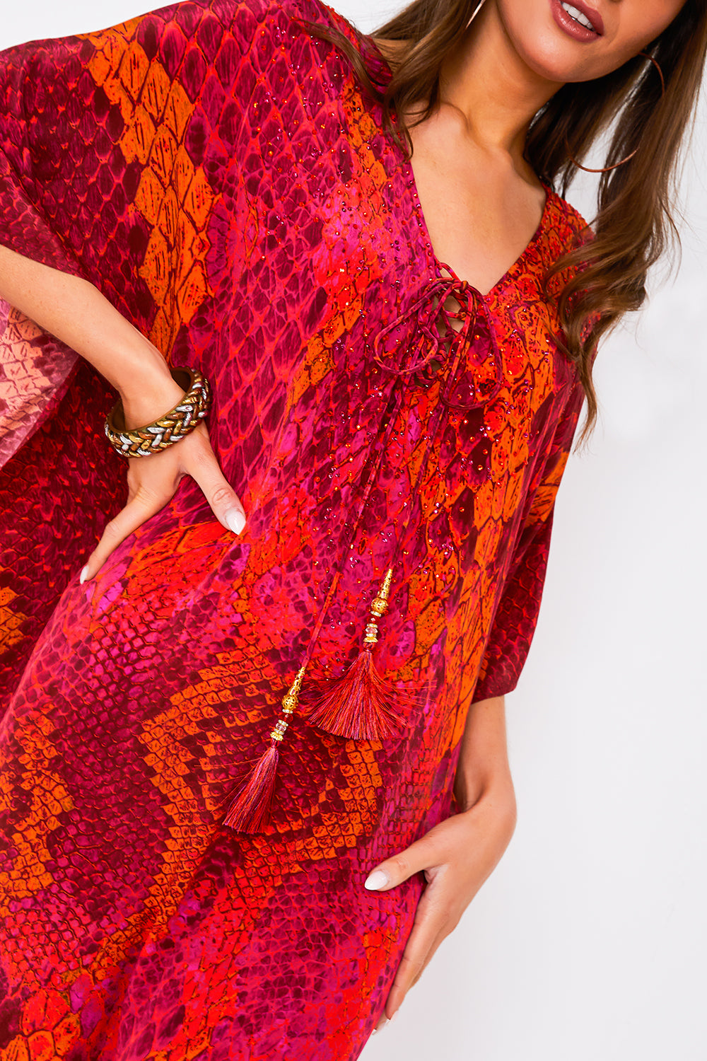 Maxi Tassel Kaftan in Raspberry Python
