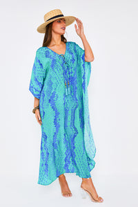 Kaa Tassel Maxi Kaftan in Turquoise Python