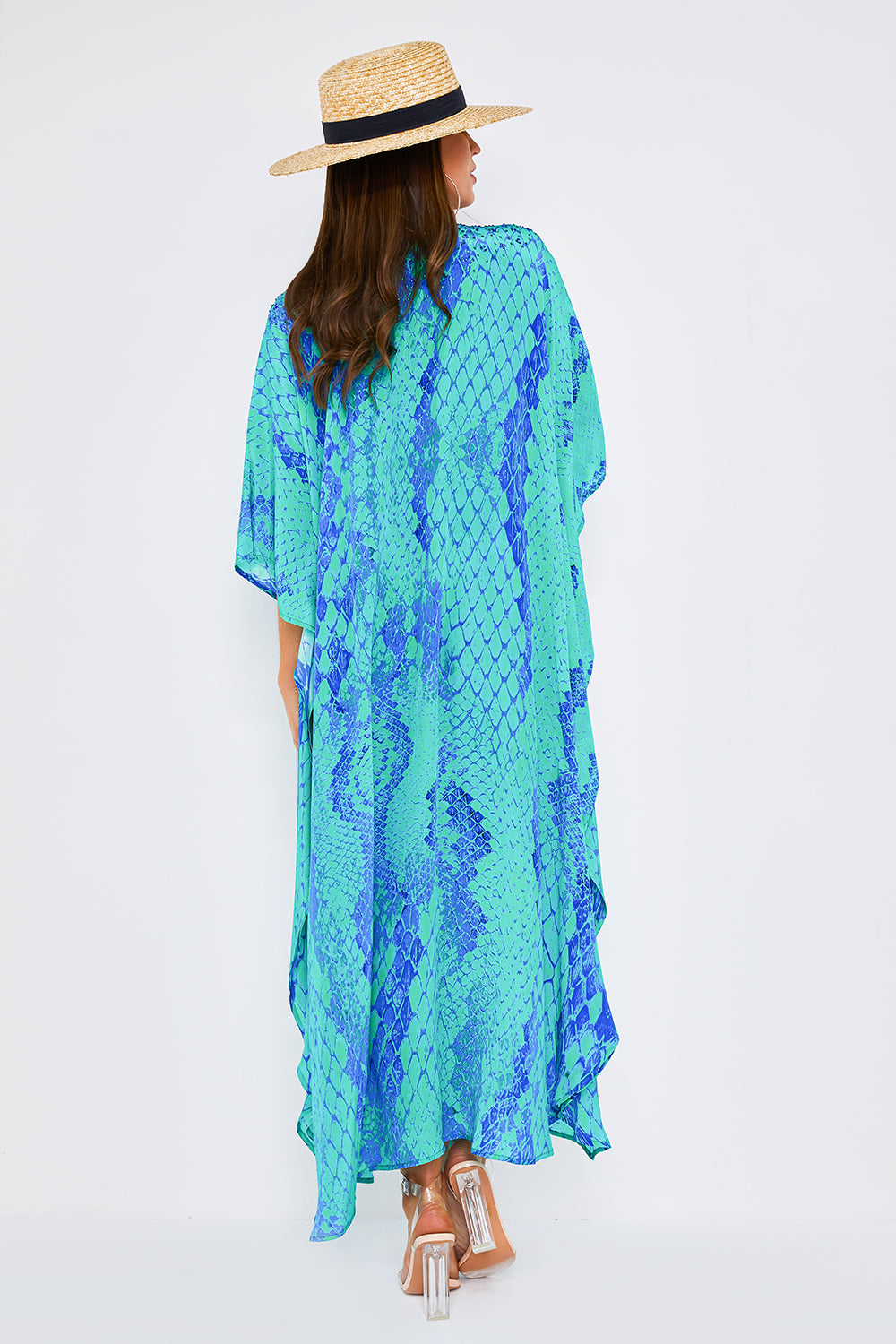 Kaa Tassel Maxi Kaftan in Turquoise Python