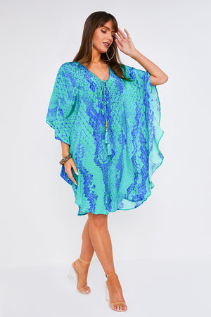 Kaa Tassel Kaftan in Turquoise Python