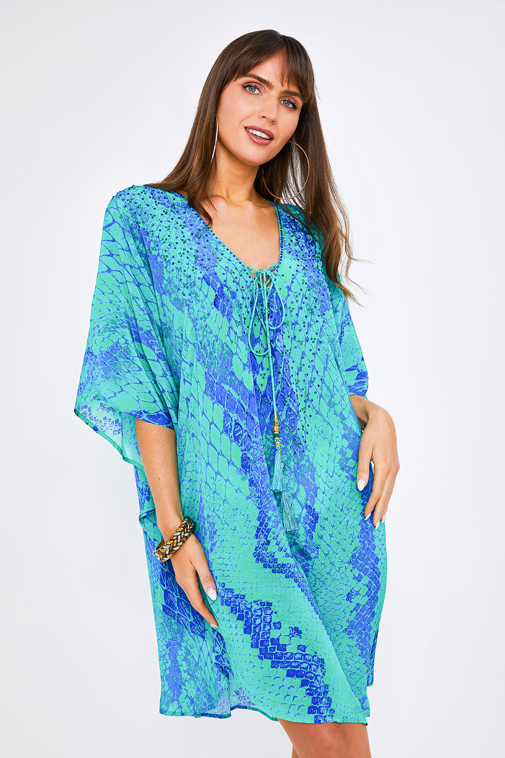 Kaa Tassel Kaftan in Turquoise Python