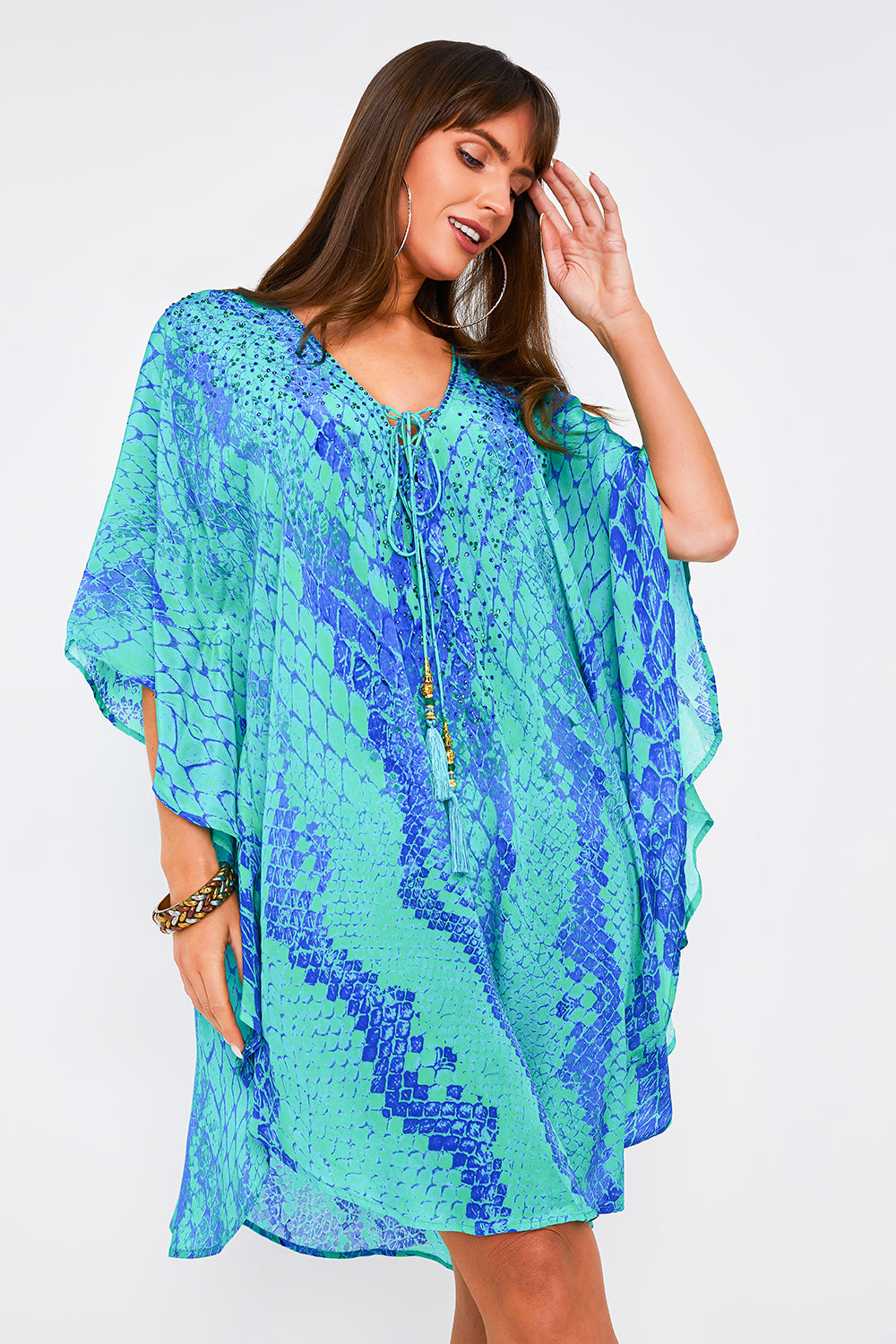 Kaa Tassel Kaftan in Turquoise Python